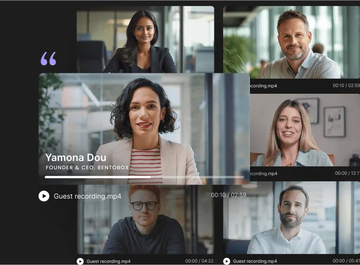 Screenshot of a virtual meeting with seven diverse participants in separate video frames, including Yamona Dou, Founder & CEO of BentoBox.
